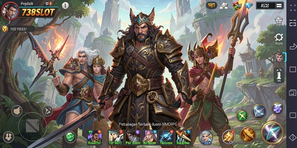 Tangkapan layar utama 738SLOT menunjukkan aksi pertempuran mendebarkan di dunia MMORPG.