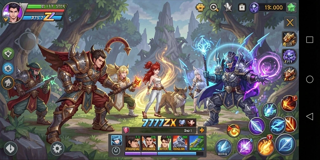 Screenshot RPG 777ZX menampilkan aksi pertarungan epik dalam dunia fantasi.