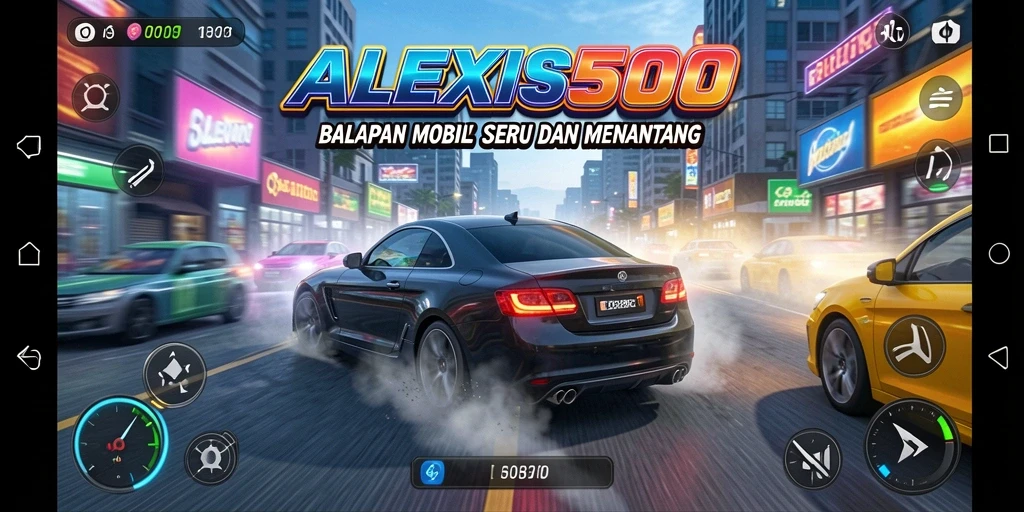 Screenshot gameplay ALEXIS500 menampilkan aksi balapan mendebarkan.