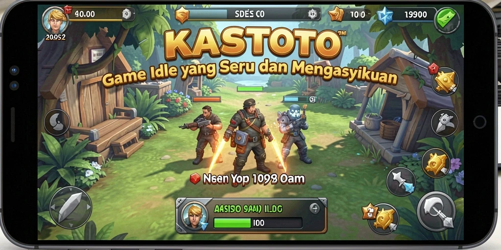 Screenshot gameplay KASTOTO menampilkan karakter unik dan pengelolaan sumber daya.