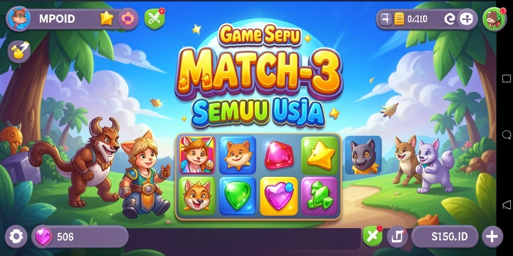 Screenshot MPOID menampilkan gameplay seru Match-3 dengan pencocokan warna-warni.