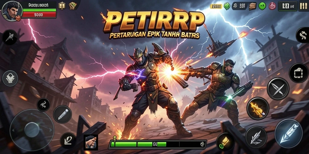 Screenshot PETIRRP menampilkan pertarungan karakter dalam aksi penuh.
