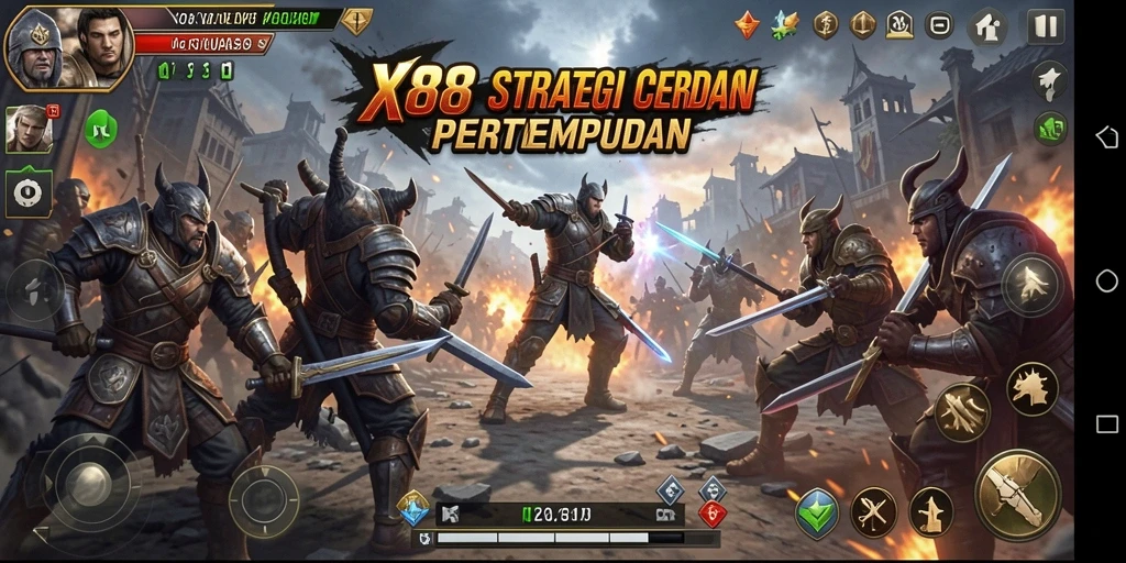 Tampilan gameplay X88 yang intens dalam pertempuran strategi.